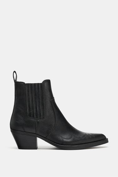 LEATHER COWBOY ANKLE BOOTS WITH TOPSTITCHING - Black by Zara