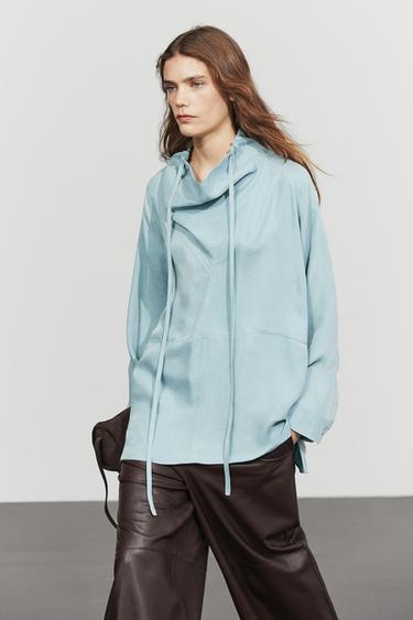 Zara Flowing shirt with high collar and drawstring detail - Blue / Gray