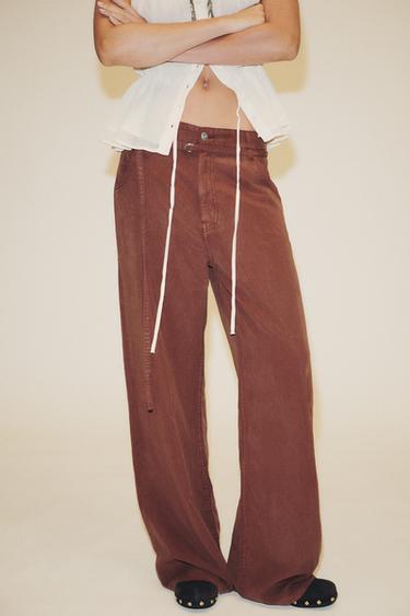 Zara FLOWY BELTED PANTS - Terracotta
