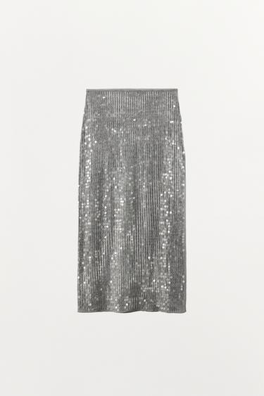 FALDA MIDI LENTEJUELAS ABERTURA - Gris vigoré de Zara