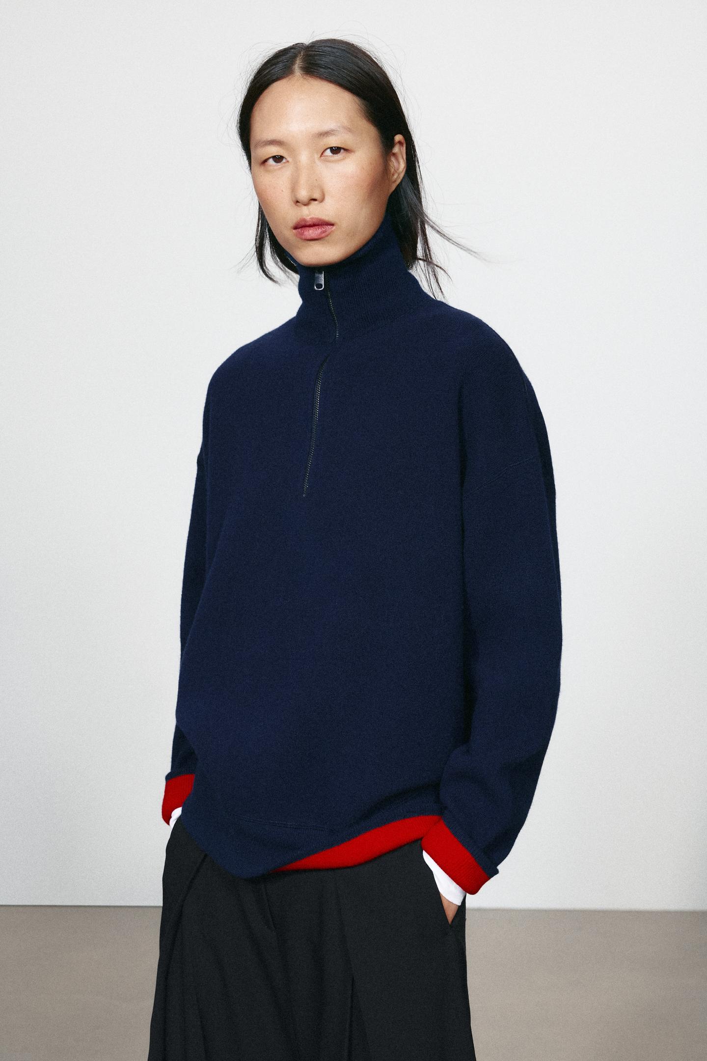 Женский свитер Zara Oversized 93% Wool Mock Neck, цвет: Тёмно-синий — фото 6