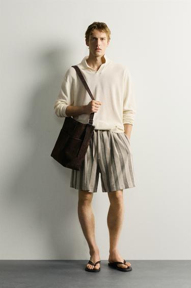 STRIPED JACQUARD PLEATED BERMUDA SHORTS - Black / Brown by Zara - Image 0