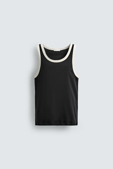 Zara CONTRAST RIB TANK TOP - Navy / White