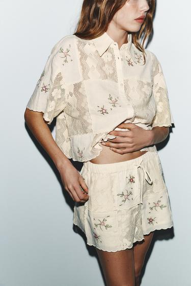CAMISA BORDADOS CROCHÊ - Cru-médio da Zara