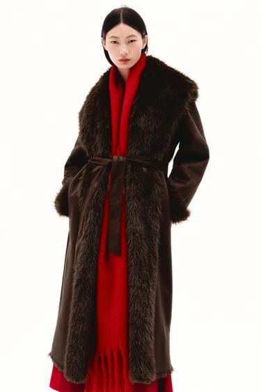 BELTED FAUX FUR COAT ZW COLLECTION - Brown by Zara