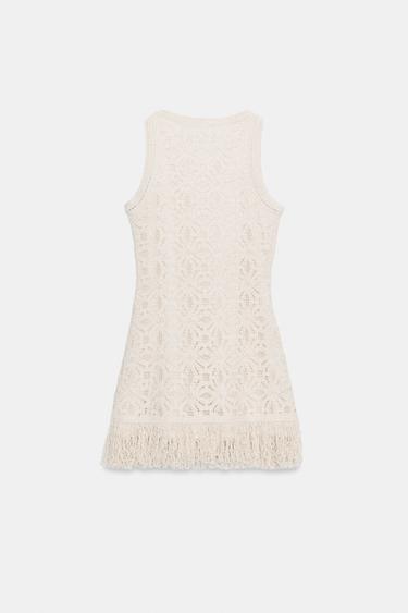 SHORT CROCHET DRESS WITH FRINGING - Light beige by Zara - Image 7