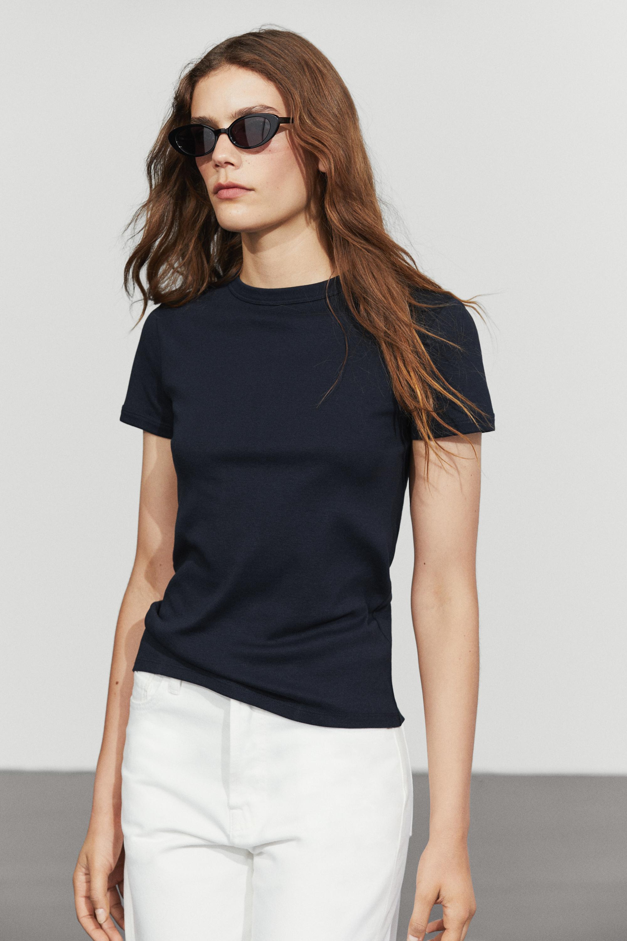 Ribbed short sleeve T-shirt — Navy blue