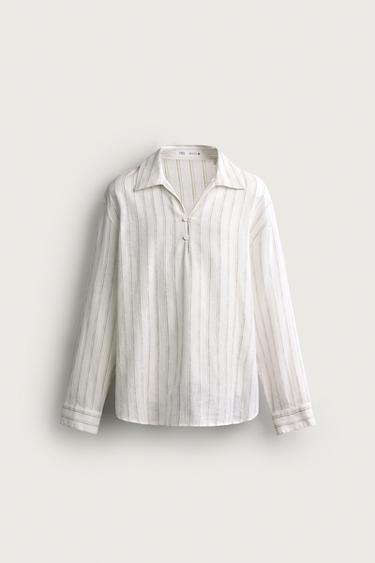 STRIPED COTTON/LINEN POLO SHIRT - Ecru / Beige by Zara
