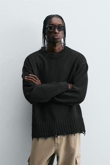 Zara TEXTURED RIPPED SWEATER - Black