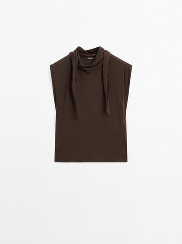 Zara Top with tied neck detail - Brown - Image 0