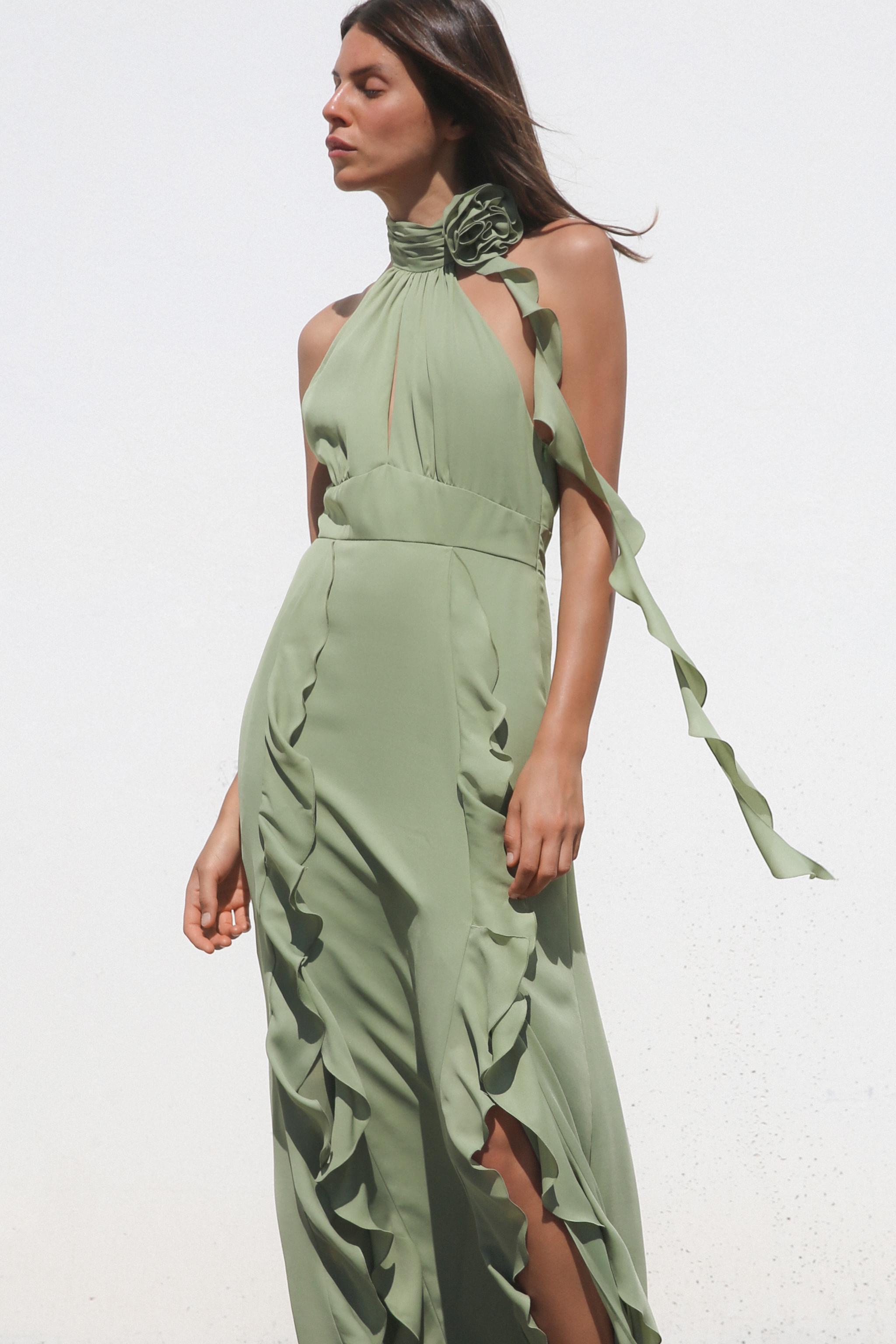 RUFFLED FLOWER HALTER NECK DRESS - Sea green | ZARA United States