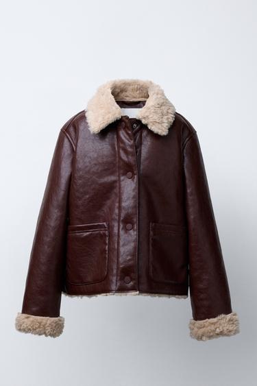 DOUBLE-FACED FAUX SHEARLING AND FAUX LEATHER JACKET - Burgundy by Zara