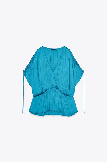 GERAFFTE BLUSE IN SATINOPTIK - Blau von Zara