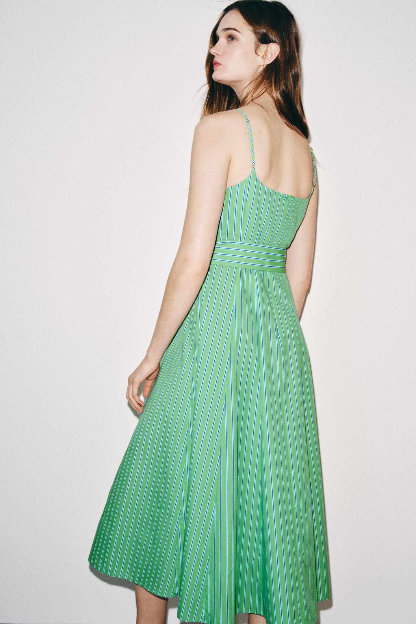 Женское платье Zara Striped Belted MIDI, цвет: Зелёный / Синий — фото 5