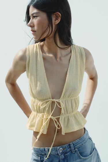 TOP AOS QUADRADOS VICHY COM LAÇOS - Estampado da Zara