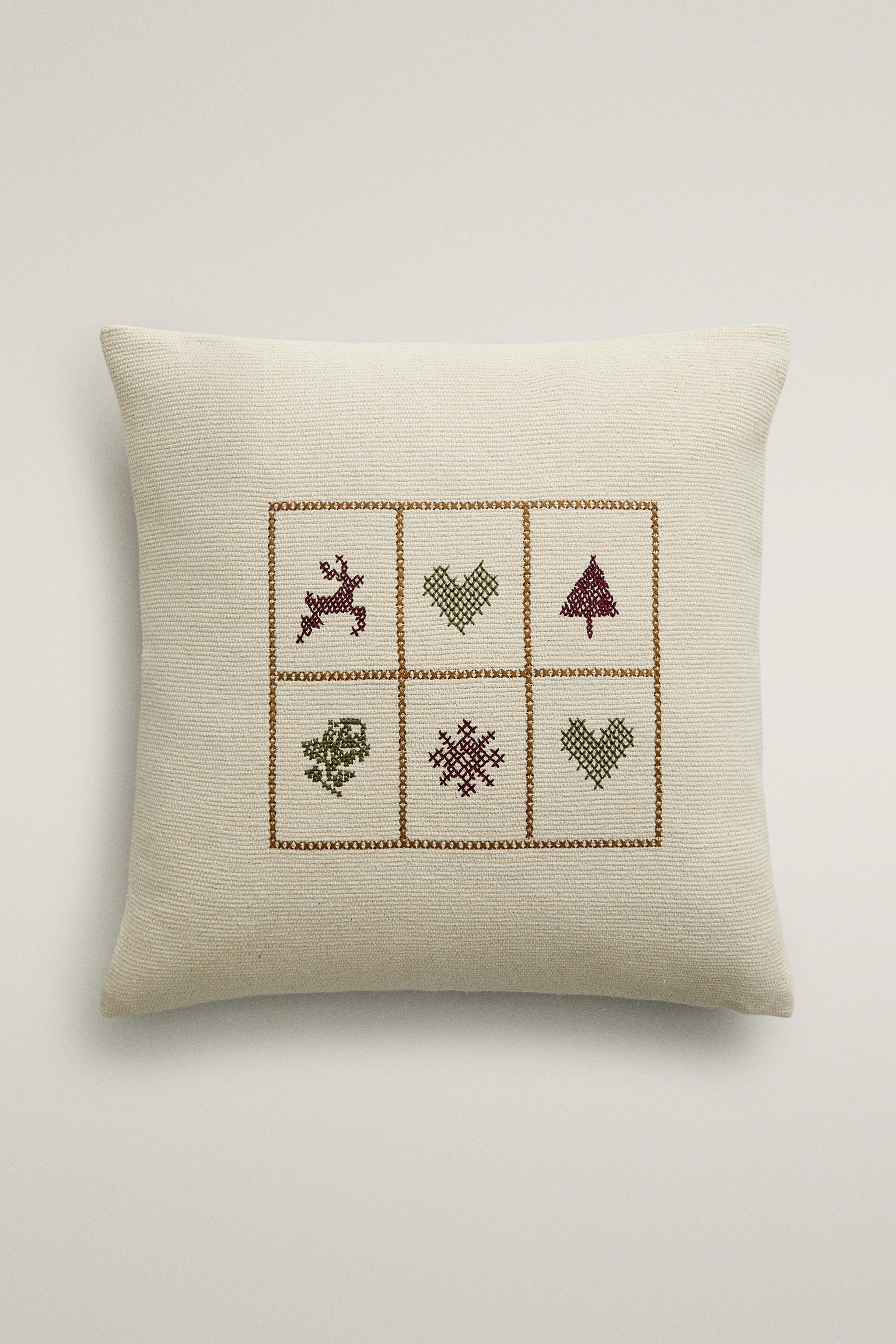 CHRISTMAS EMBROIDERED COTTON THROW PILLOW COVER