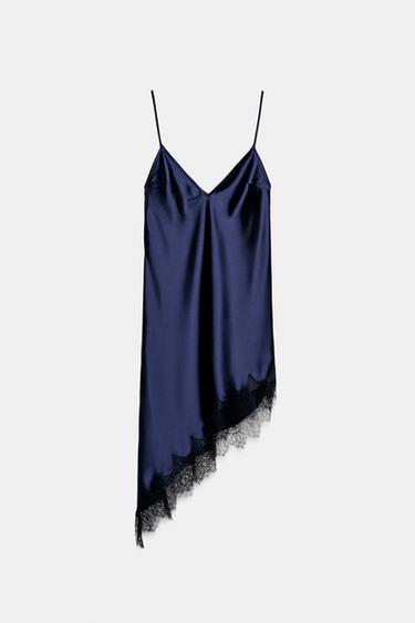 ASYMMETRIC SATIN LACE DRESS - Navy blue by Zara - Image 0