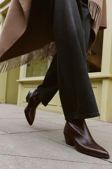LEATHER COWBOY ANKLE BOOTS - Burgundy Red by Zara