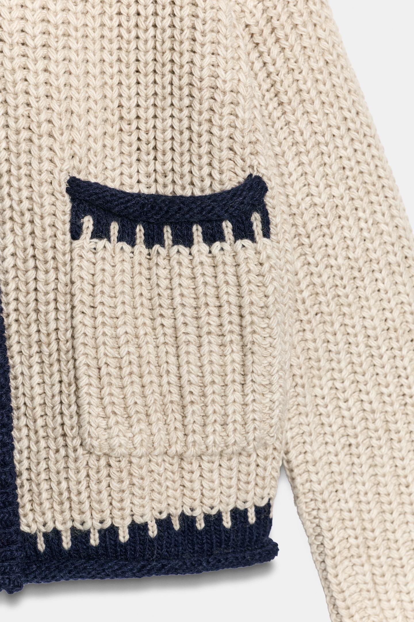 Женский кардиган Zara Contrast Trim, цвет: Светлый верблюжий — фото 8