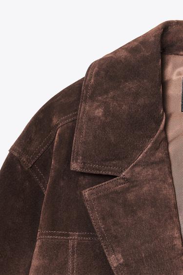 OVERSIZE SUEDE LEATHER BLAZER - Dark brown by Zara - Image 8