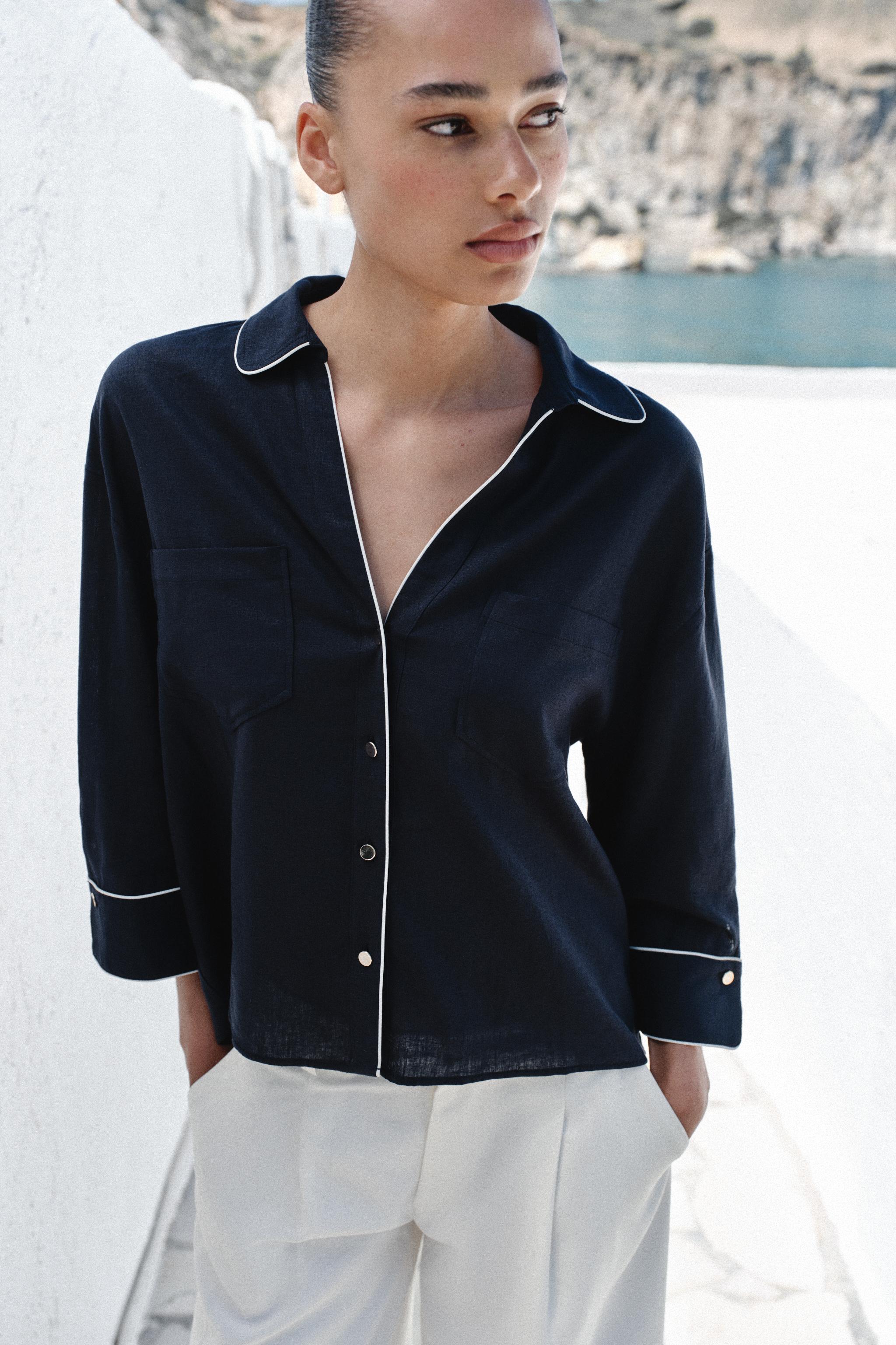 LINEN BLEND SHIRT WITH CONTRAST PIPING