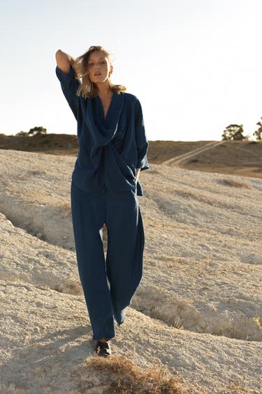 Zara ZW COLLECTION LIMITED EDITION 100% LINEN BAGGY PANTS - Indigo