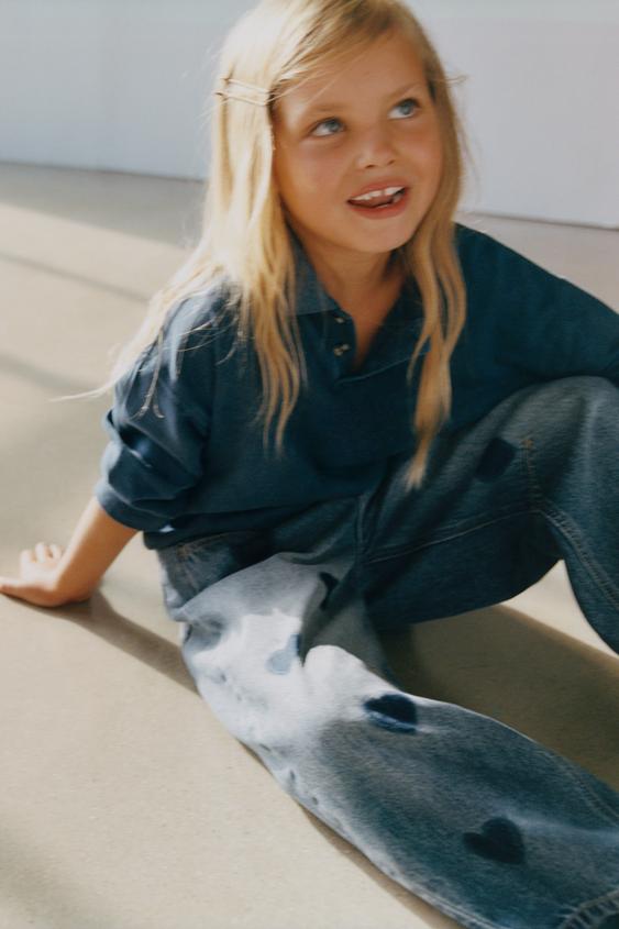 HEART PRINT BARREL-LEG JEANS - Blue by Zara - Image 0