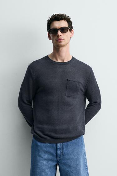 100% LINEN REGULAR FIT JUMPER - Navy blue by Zara - Image 1