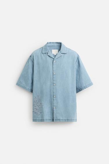 CONTRAST EMBROIDERY DENIM SHIRT - Light blue by Zara