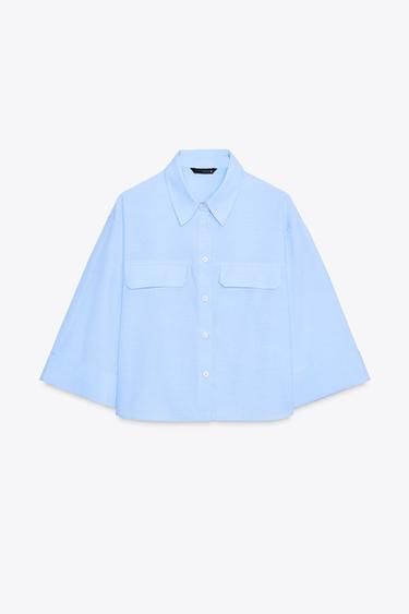 SHORT SHIRT WITH STRIPED FLAPS - White / Sky blue by Zara - Image 6