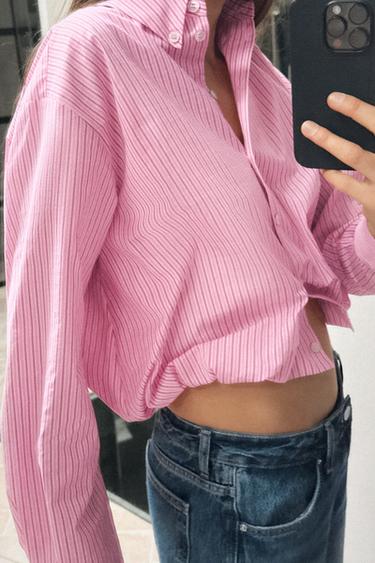 POPELINE OVERHEMD MET STREPEN EN BALLONEFFECT - Roze / Wit van Zara