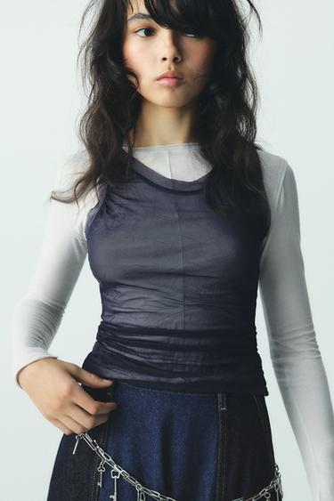 주름 효과 더블 튤 티셔츠 - Zara 네이비