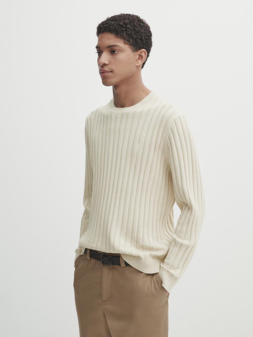 Ribbed cotton blend knit sweater - Beige