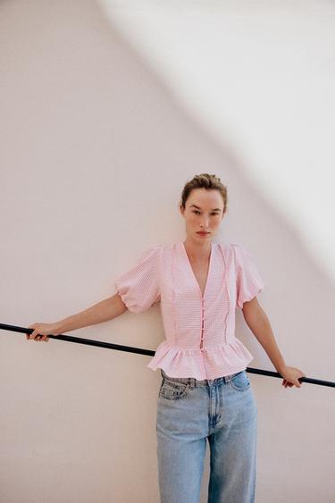 GINGHAM PEPLUM BLOUSE - Pink / White by Zara