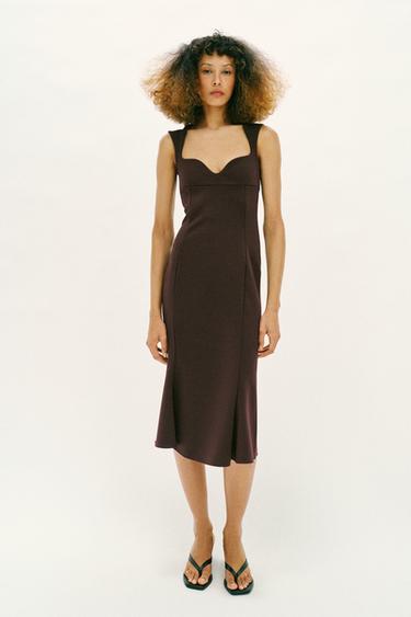 Zara SWEETHEART NECKLINE DRESS - Brown