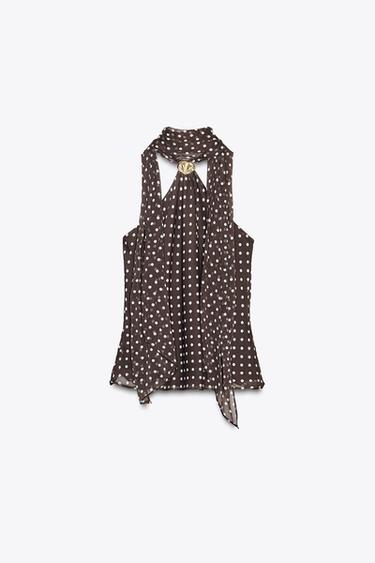 HALTER TOP WITH HARDWARE AND POLKA DOTS - Ecru / Brown by Zara - Image 6