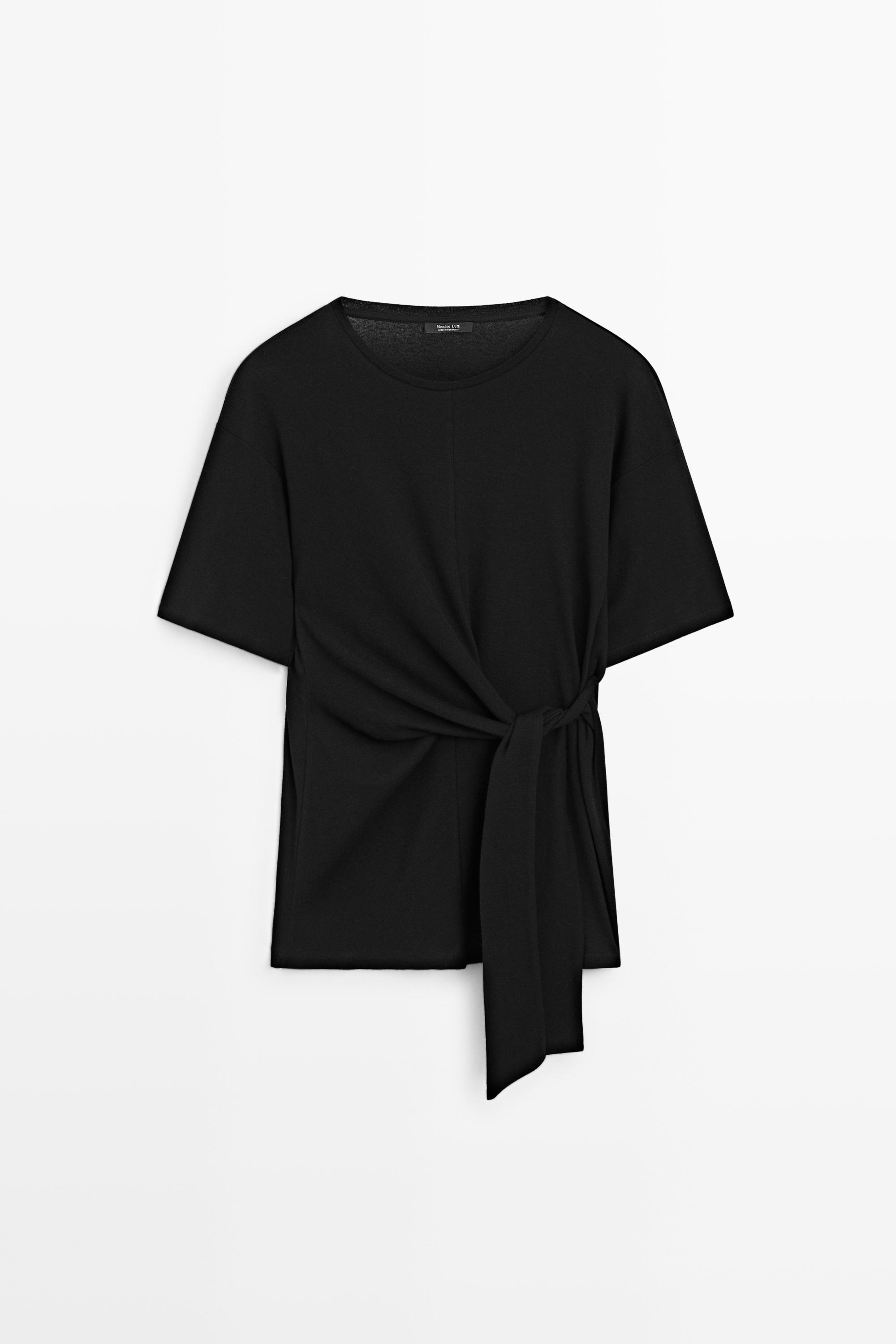 25AW　drape tie shirts black Short sleeve T-shirt with tie detail - Oyster-white | ZARA Canada