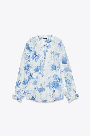 Zara BEADED FLORAL PRINT SHIRT - Blue / White - Image 0