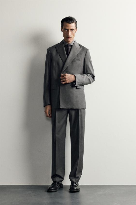 100% WOOL STRIPED SUIT TROUSERS - Grey / Blue by Zara - Image 0