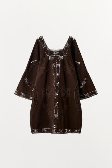 ROBE EN TOILE BRODERIES AJOURÉES - Marron de Zara - Image 3