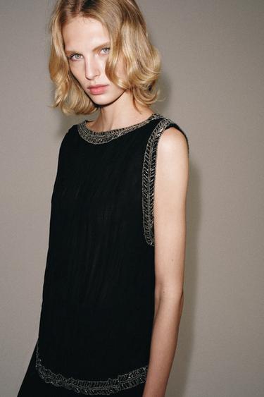 ZW COLLECTION JACQUARD BEADED TOP - Black by Zara