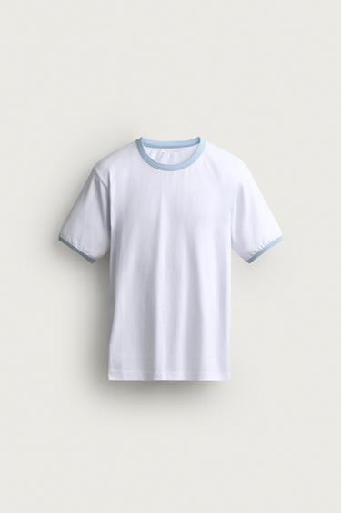 CONTRAST RIBBED EMBROIDERED T-SHIRT - White by Zara