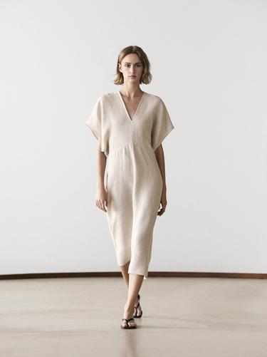 Zara Lightweight short sleeve linen midi dress - Ecru