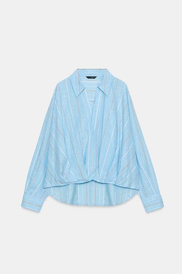 CHEMISE EN LIN À BASE BOUFFANTE - Sable / Bleu de Zara - Image 8