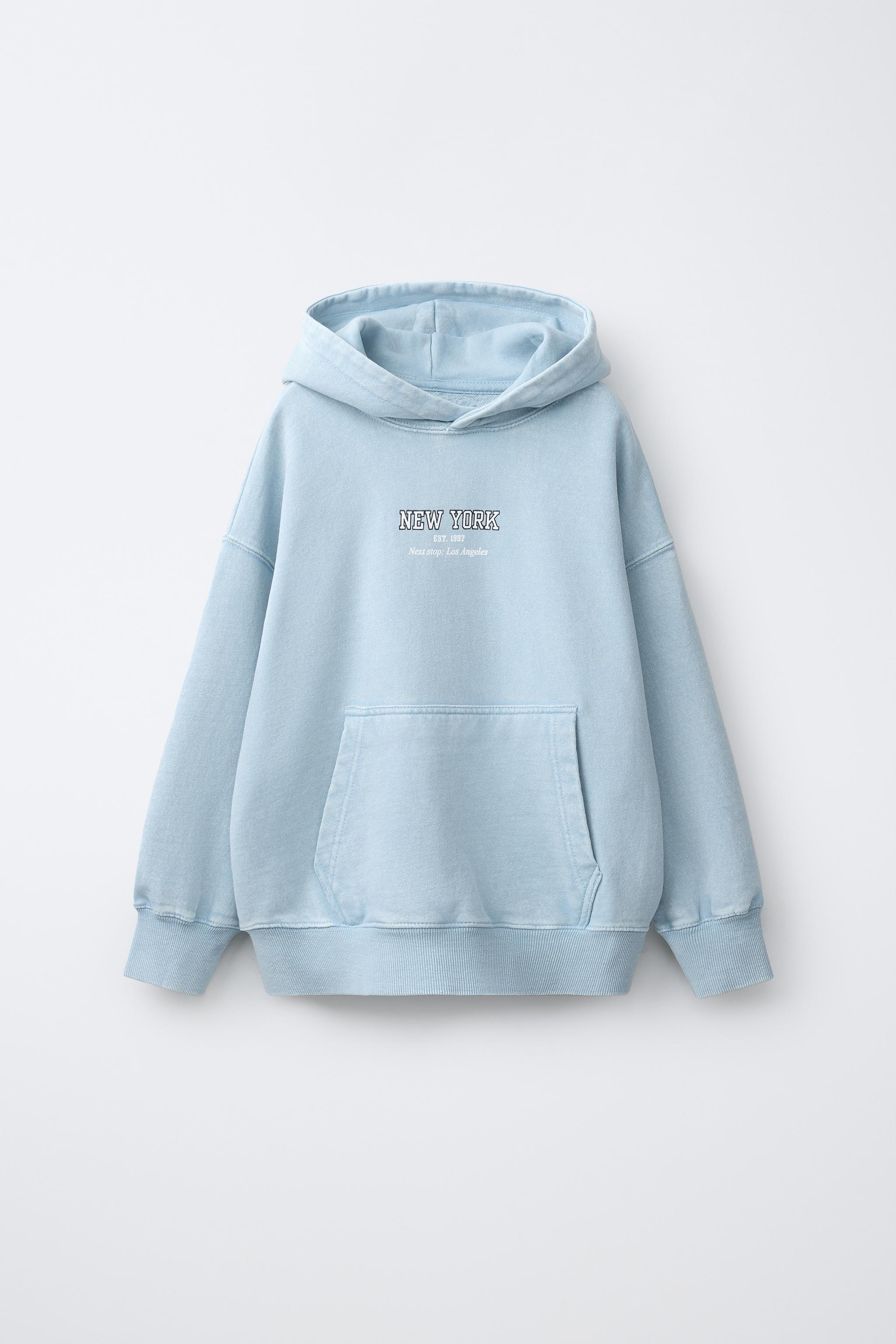 STONE  ライトブルーフード付きパーカー ウォッシュドテキストプリントフーディ - ライトブルー | ZARA Japan