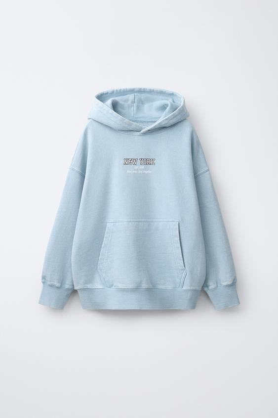 FADED HOODIE WITH SLOGAN PRINT - Light blue by Zara - Image 0