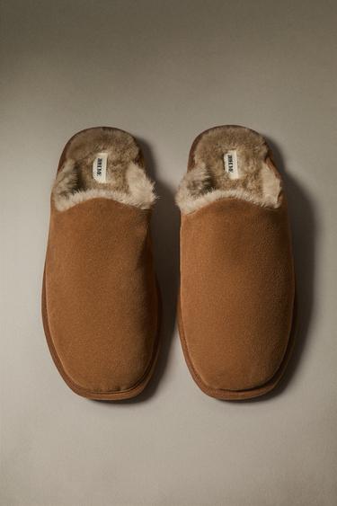 Zara COZY LEATHER SLIPPERS - Brown - Image 0