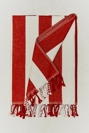 STRIPED BEACH TOWEL WITH FRINGING - Red by Zara