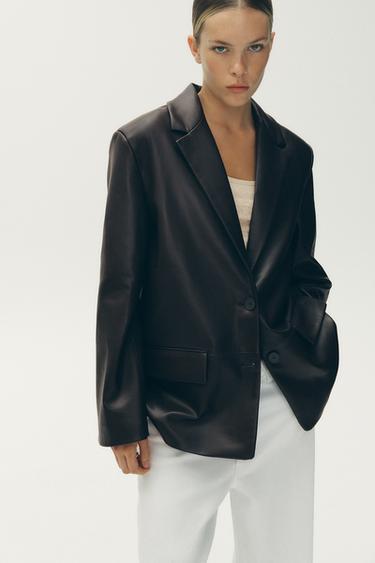 FAUX LEATHER STRAIGHT FIT BLAZER - Chocolate by Zara