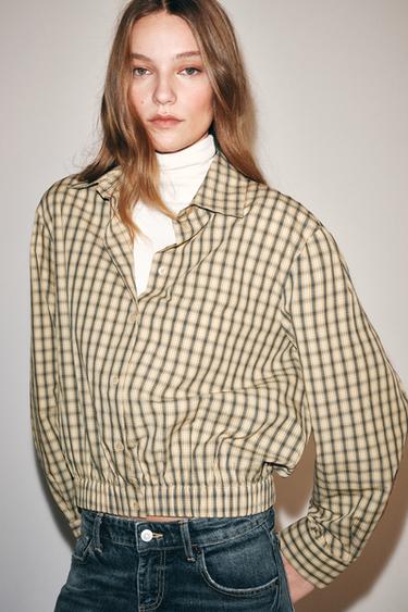 ZW COLLECTION PUFF-SLEEVE CHECK SHIRT — Ecru / Black 1